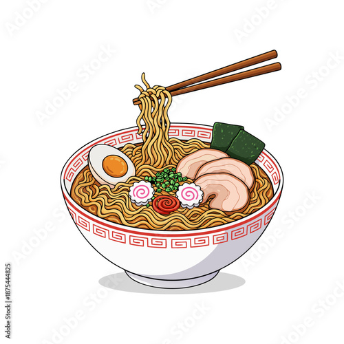 Cartoon Illustration of Delicious Japanese Ramen Noodle Soup Bowl with Chopsticks