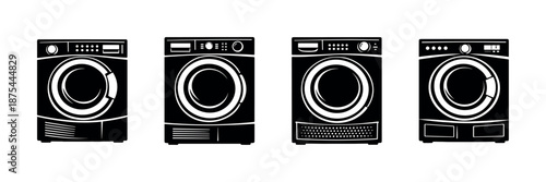 Washing machines vector icons set: appliance symbols, laundry, home devices