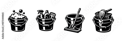 Cleaning tools vector icons set: buckets, brushes, mops, spray bottles