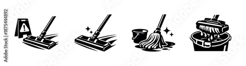 Cleaning tools vector icons set: mops, buckets, signs, sanitation essentials
