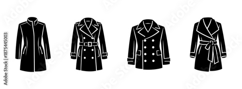 Winter coats vector icons set. outerwear, jackets, trench coats collection