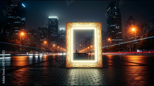 Golden frame illuminated at night city street modern art concept
