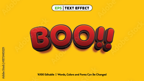 Bold red and brown 3d text effect saying boo with exclamation marks on bright yellow background cartoon style halloween makeup vibrant festive lettering design