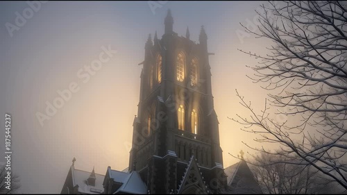 Gothic architecture tower emerging from fog with lit windows at sunset
