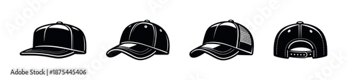 Baseball caps vector icons set. hat collection in black and white. headwear symbols.