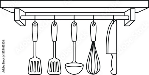 Minimalist outline drawing depicting essential cooking utensils including spatulas a ladle a whisk and a chef knife hanging neatly from a shelf rack.