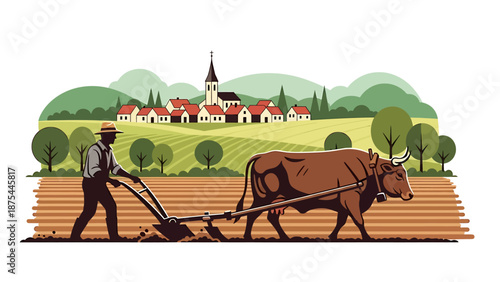 Farmer plowing field with oxen in rural village landscape