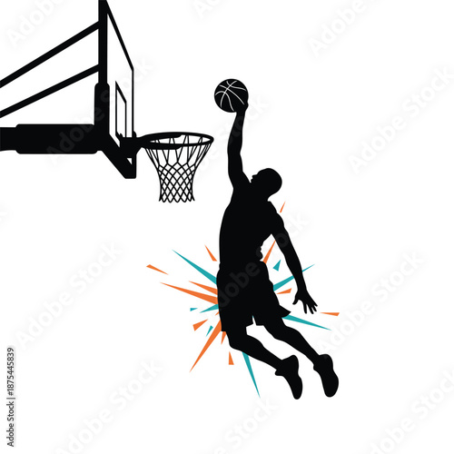 Basketball Player Slam Dunk Silhouette Vector, Action Sports EPS Illustration