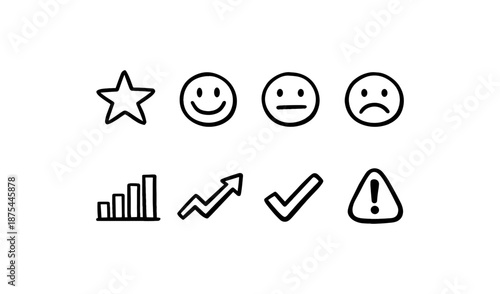 Set of hand-drawn icons representing feedback, progress, and alerts on a white background