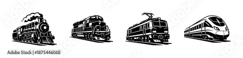 Vintage transportation vector icons set: train designs, retro rail, locomotive art