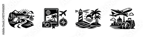 Travel adventures vector icons set: camping, lighthouse, flight, cityscape icons