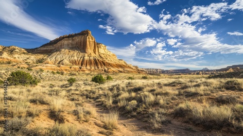 Striated Sandstone Cliffs & Desert Trail:  Utah's Dramatic Landscape at Sunset
