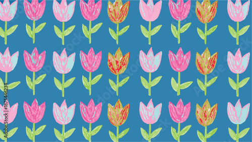 Hand-Drawn Pink and Orange Tulip Pattern on Blue Background
