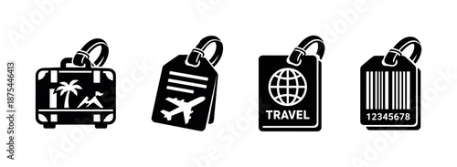 Travel-themed vector icons set with suitcase tags and labels