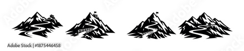 Mountain hiking trail vector icons set: adventure, nature, path symbols