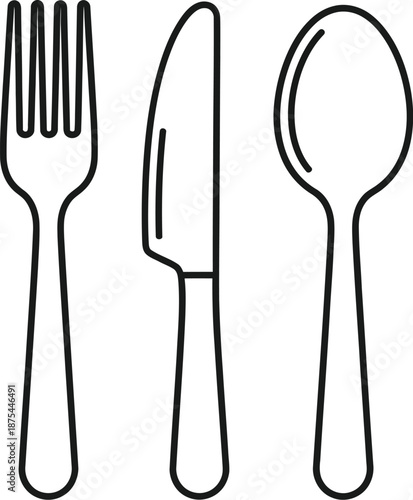 Minimalist black line art icon design representing a classic set of eating utensils including a fork a knife and a simple spoon.