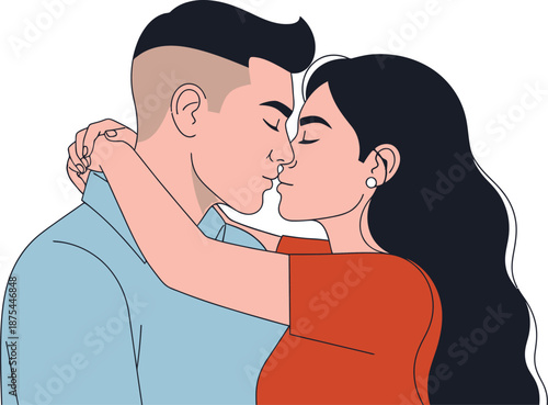 Illustration of a loving interracial couple embracing and about to kiss, depicting romance, affection, and partnership against a light, neutral background