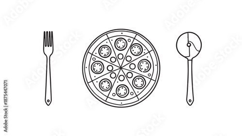 Line drawing of pizza with fork and cutter for food, dining, and culinary design themes in minimal black and white