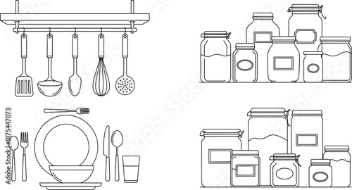 Collection of black and white line art icons illustrating various essential kitchen utensils cooking tools storage jars and organized dishware settings