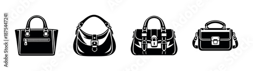 Handbag vector icons set: purse, tote, satchel, collection in black silhouette