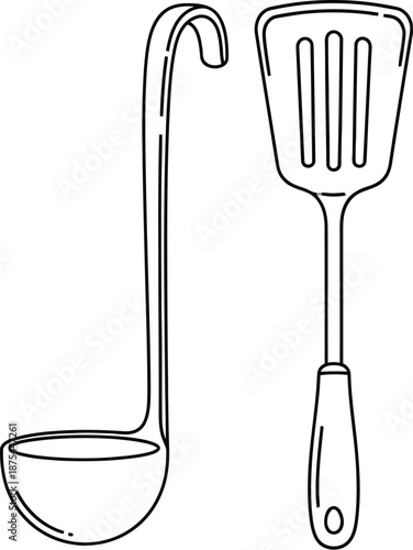 Outline drawing of a simple kitchen ladle and slotted turner spatula illustration symbolizing cooking preparation and culinary tools set in isolation.