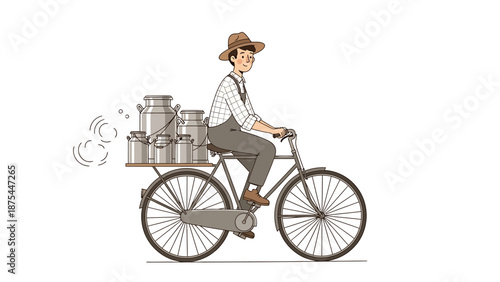 Vintage milkman riding bicycle with metal milk cans delivery