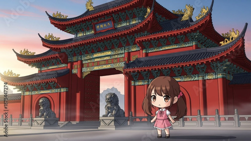 Cute girl in front of Chinese temple
