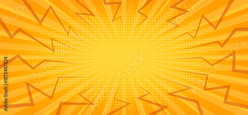 Horizontal comic book style background with sunburst radial gradient overlaid with dynamic, jagged lightning bolt shapes and a subtle halftone dot pattern