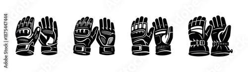 Motorcycle glove vector icons set. flat black hand protection gear collection.