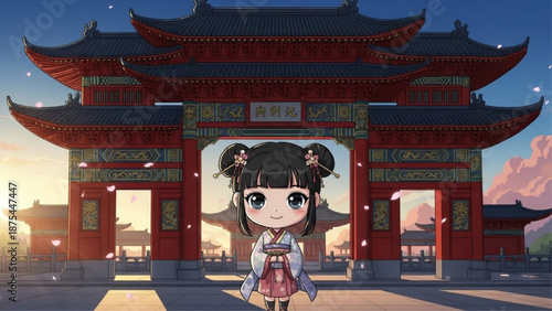 Chibi girl at ancient temple gate