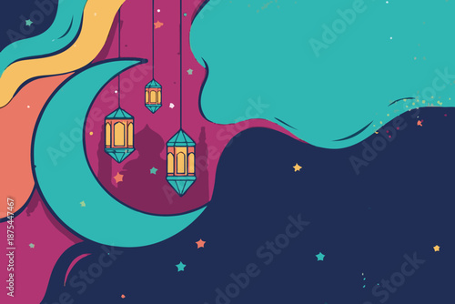 Festive Islamic Night Scene with Moon, Stars, and Lanterns