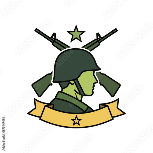 Military Emblem: Soldier Profile, Crossed Rifles, Star, and Ribbon Badge