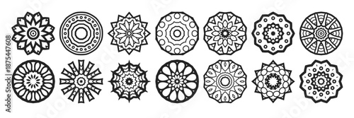 vector illustration of rounded art icon set, black mandala outline. great for wedding invitations and home culture ornaments.