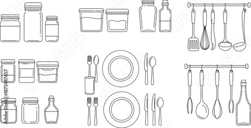 Collection of assorted kitchen storage containers cooking utensils place settings and various glass bottles presented in simple black outline style.