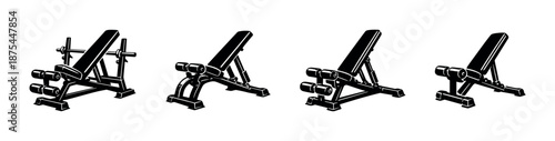 Gym equipment vector icons set: fitness benches, workout, exercise illustrations