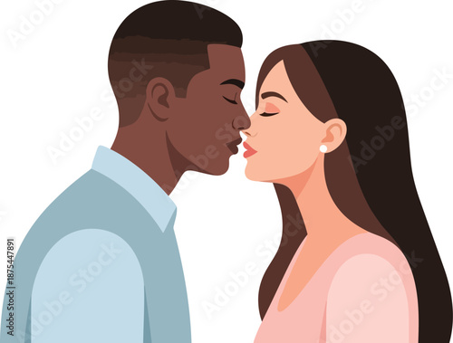 Loving interracial couple about to kiss, romantic moment between a black man and a caucasian woman in a tender embrace, illustration of affection and partnership