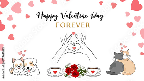 Valentine's Day celebration with pets and romantic symbols