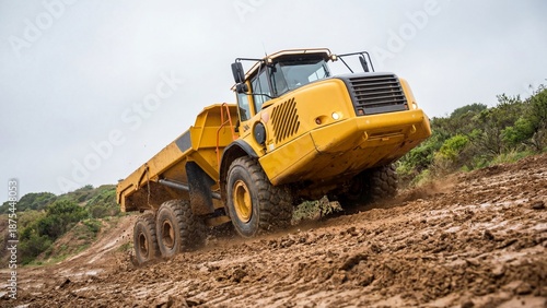 Articulated dump truck in a quarry moving up a muddy hill. Heavy equipment at a construction site, mining operation, or earthmoving work