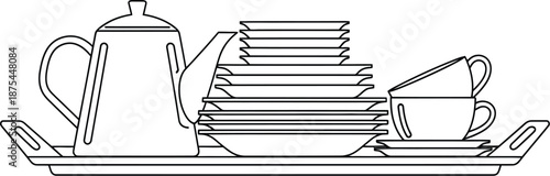 Outline illustration depicting a stack of clean dinner plates beside a teapot and two stacked teacups resting upon a serving tray.