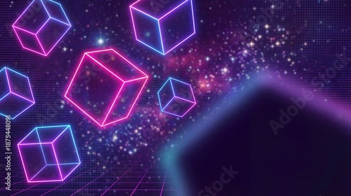 Abstract floating colorful neon cubes on a futuristic grid background. Retrowave style digital art for gaming, virtual reality, and cyber concepts