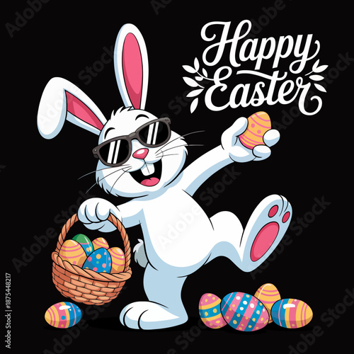 A cheerful bunny dressed in sunglasses holds a basket full of colorful Easter eggs. © Joanna Redesiuk