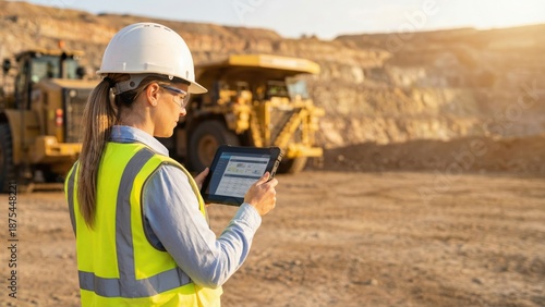 Female industrial worker using a digital tablet in a quarry. Modern mining operations and construction site management concept for a digital future