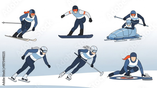 Winter sports athletes skiing snowboarding and sliding in various dynamic poses on snowy terrain with different equipment
