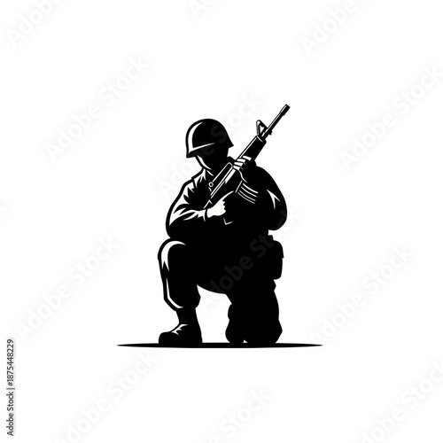 Kneeling Soldier Silhouette with Rifle, Military Combat Ready