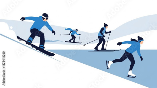 Four skiers skiing down snowy mountain slope in blue jackets and black pants