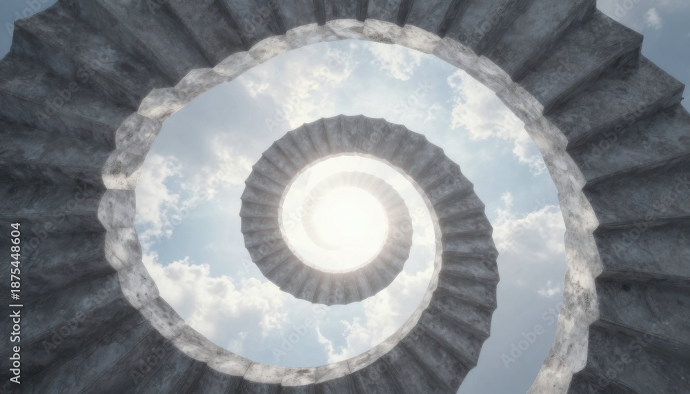 Fototapeta premium Spiral staircase leading to a bright sky modern architecture outdoor view abstract concept ethereal environment
