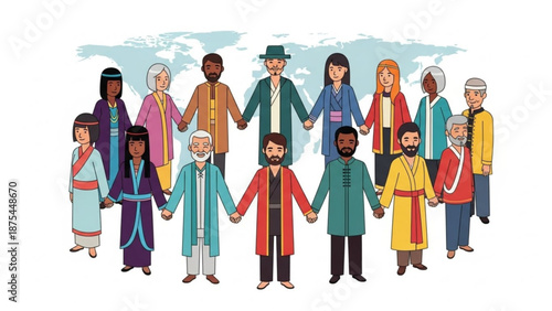 Diverse group of people from different cultures standing together in unity and harmony with a world map background