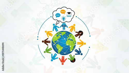 Diverse people around the earth with thought bubble and icons symbolizing global communication and unity