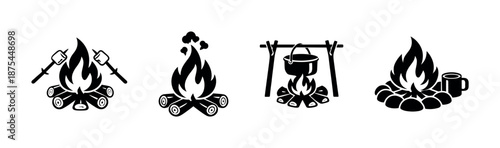 Campfire and camping vector icons set. bonfire, marshmallows, cooking symbols.