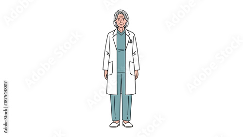Elderly Female Doctor Wearing Lab Coat and Scrubs, Full Body Illustration